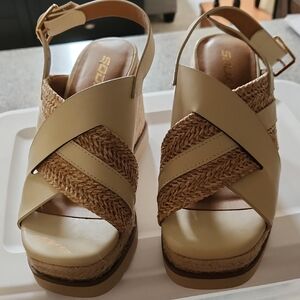 Soda Cream Tan Wedge Sandals with Crisscross Straps